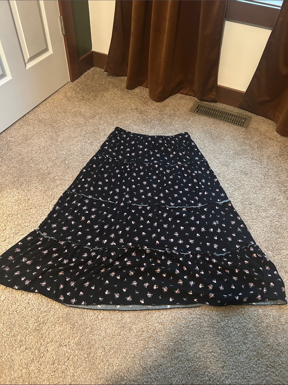 Ultra Flirt Black Floral Tiered Maxi Skirt with Pink Accents